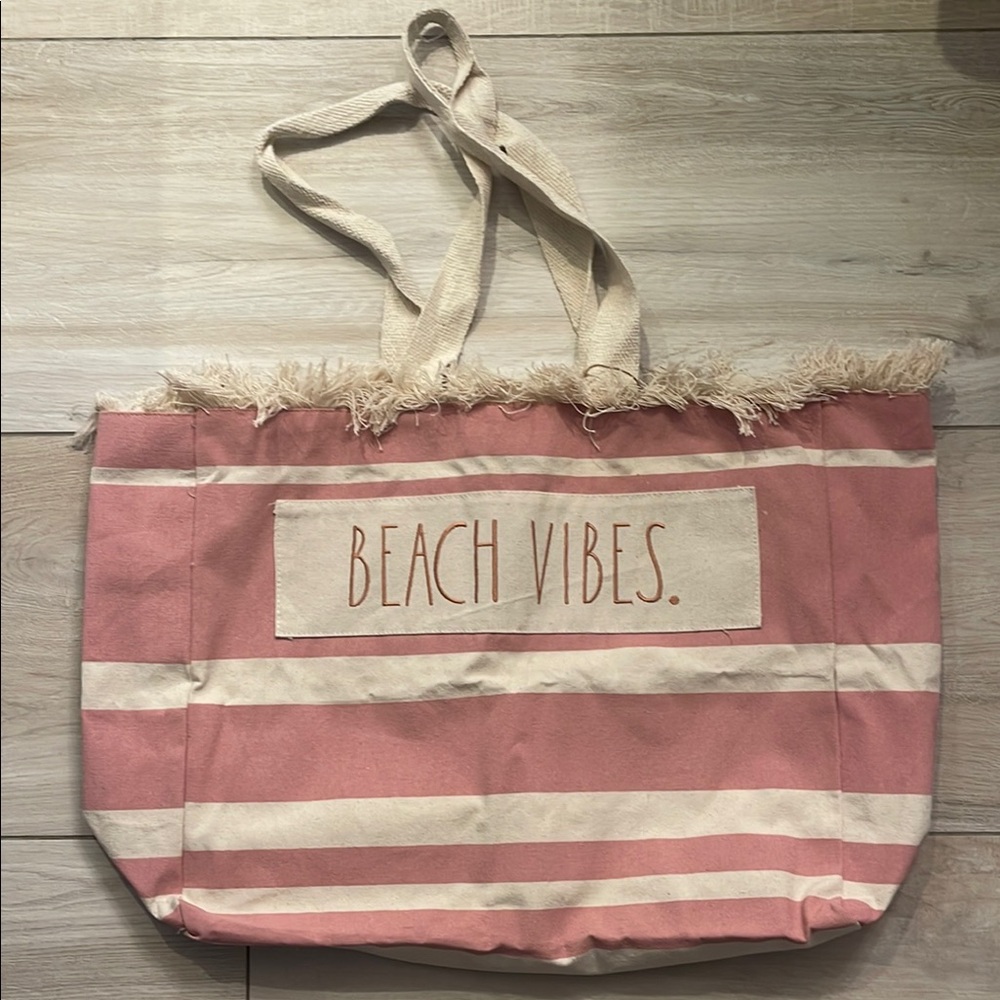 Pink Striped Rae Dunn “Beach Vibes” Tote Bag with fringe detail